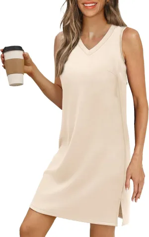 Tank Dress for Women V Neck Sleeveless Side Slit Midi Dresses Summer Casual Loose Fit T-Shirt Sun Dresses 2025