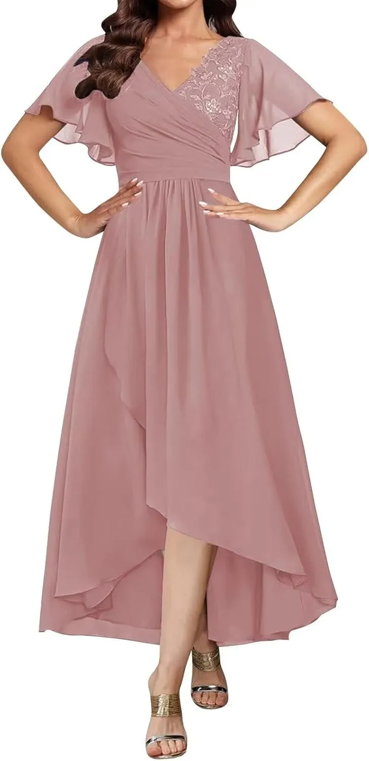 Tea Length Mother of The Bride Dresses for Women Short Sleeve Lace Applique Ruffle Formal Wedding Dress