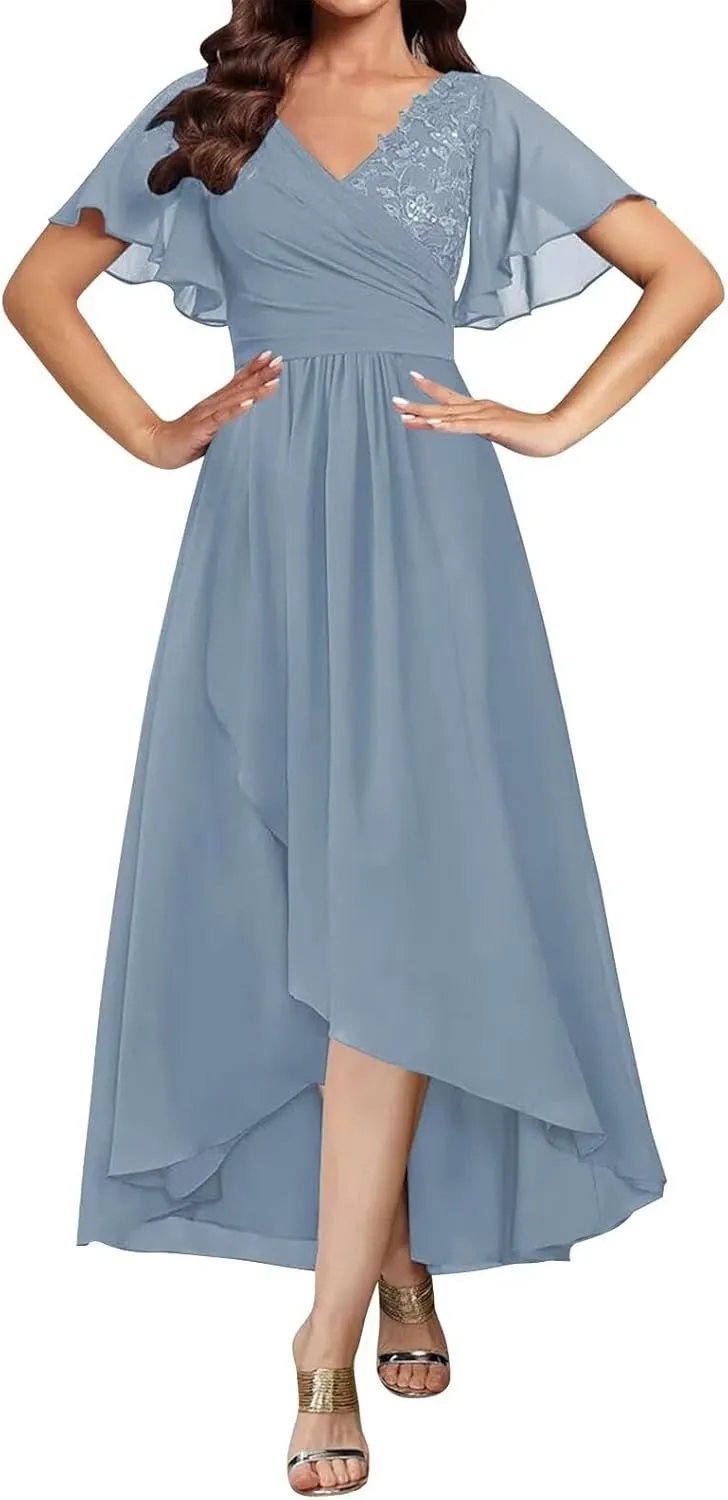 Tea Length Mother of The Bride Dresses for Women Short Sleeve Lace Applique Ruffle Formal Wedding Dress