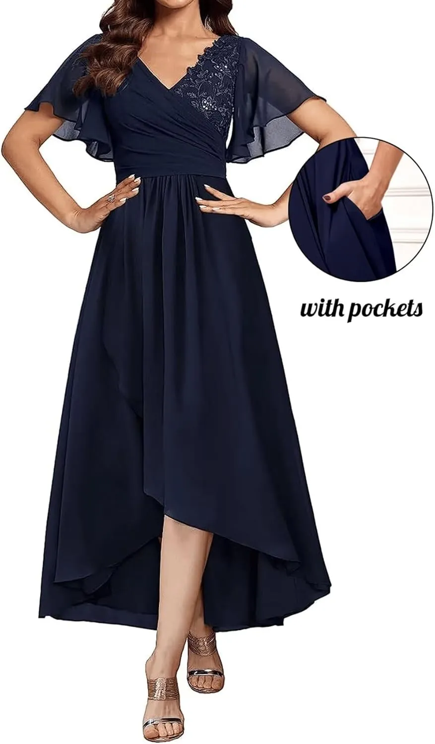 Tea Length Mother of The Bride Dresses for Women Short Sleeve Lace Applique Ruffle Formal Wedding Dress