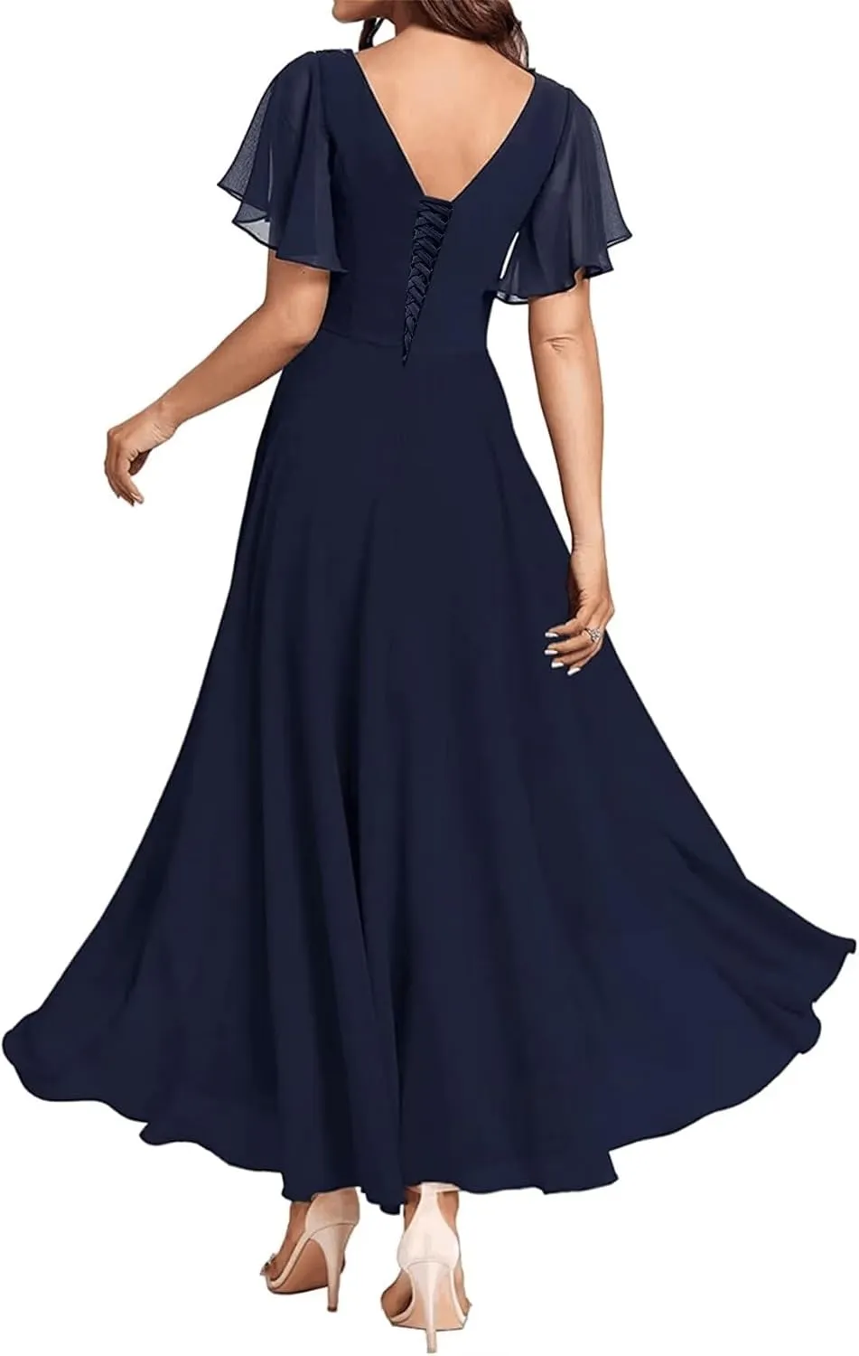 Tea Length Mother of The Bride Dresses for Women Short Sleeve Lace Applique Ruffle Formal Wedding Dress