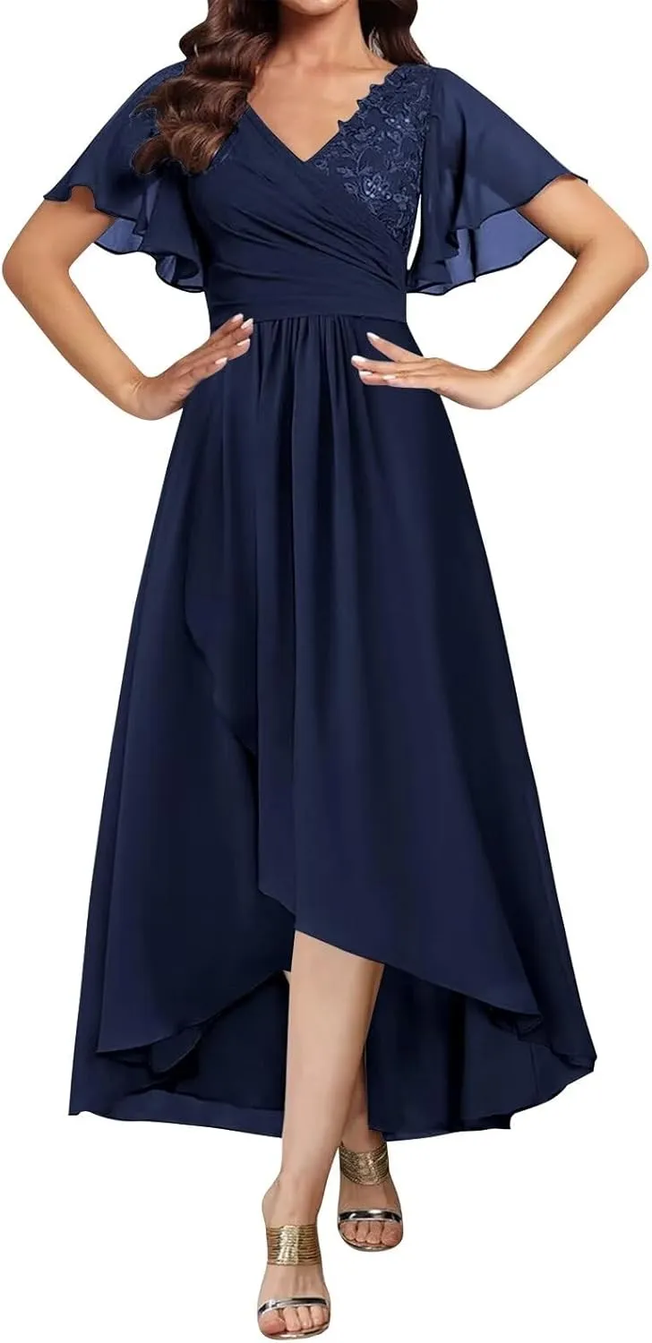 Tea Length Mother of The Bride Dresses for Women Short Sleeve Lace Applique Ruffle Formal Wedding Dress
