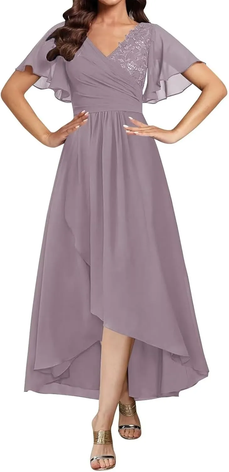 Tea Length Mother of The Bride Dresses for Women Short Sleeve Lace Applique Ruffle Formal Wedding Dress