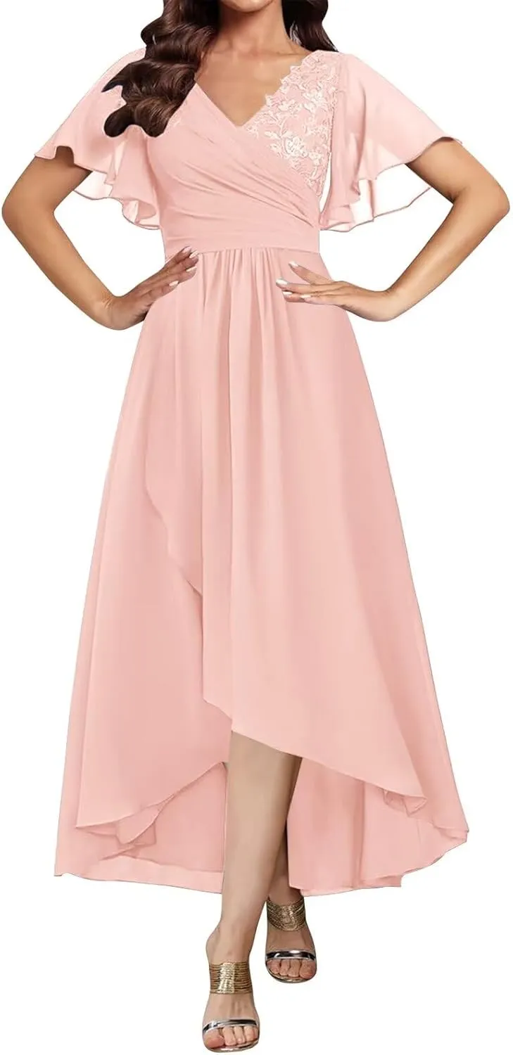 Tea Length Mother of The Bride Dresses for Women Short Sleeve Lace Applique Ruffle Formal Wedding Dress