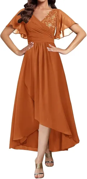 Tea Length Mother of The Bride Dresses for Women Short Sleeve Lace Applique Ruffle Formal Wedding Dress