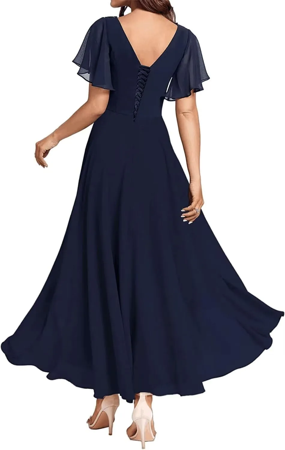 Tea Length Mother of The Bride Dresses for Women Short Sleeve Lace Applique Ruffle Formal Wedding Dress