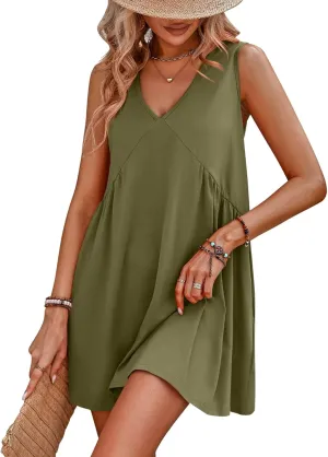 ThusFar Women's Casual Summer Sleeveless V Neck Short Swing Mini Tank Babydoll Dress Loose Beach Sundress with Pockets