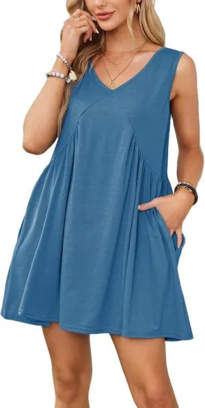 ThusFar Women's Casual Summer Sleeveless V Neck Short Swing Mini Tank Babydoll Dress Loose Beach Sundress with Pockets