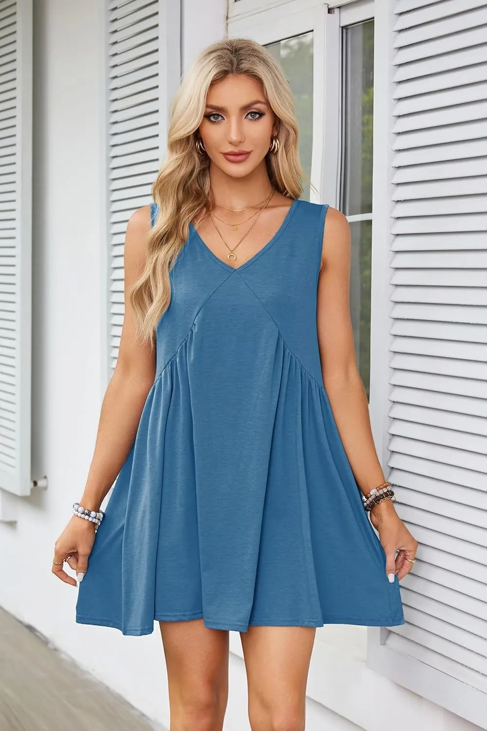 ThusFar Women's Casual Summer Sleeveless V Neck Short Swing Mini Tank Babydoll Dress Loose Beach Sundress with Pockets