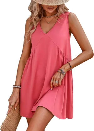 ThusFar Women's Casual Summer Sleeveless V Neck Short Swing Mini Tank Babydoll Dress Loose Beach Sundress with Pockets