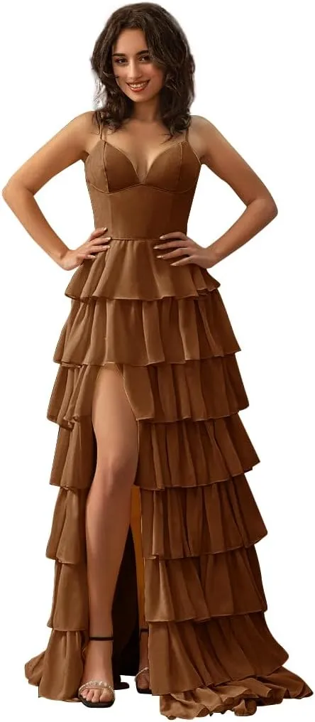 Tiered Chiffon Prom Dresses for Women 2025 Ruffle Corset Ball Gowns Spaghetti Straps Evening Party Dress