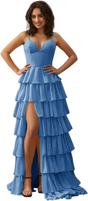 Tiered Chiffon Prom Dresses for Women 2025 Ruffle Corset Ball Gowns Spaghetti Straps Evening Party Dress