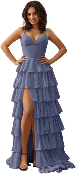 Tiered Chiffon Prom Dresses for Women 2025 Ruffle Corset Ball Gowns Spaghetti Straps Evening Party Dress