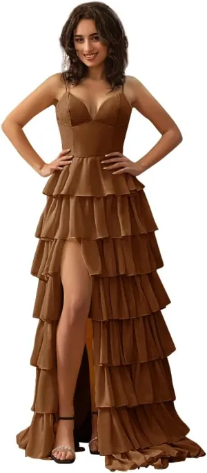 Tiered Chiffon Prom Dresses for Women 2025 Ruffle Corset Ball Gowns Spaghetti Straps Evening Party Dress