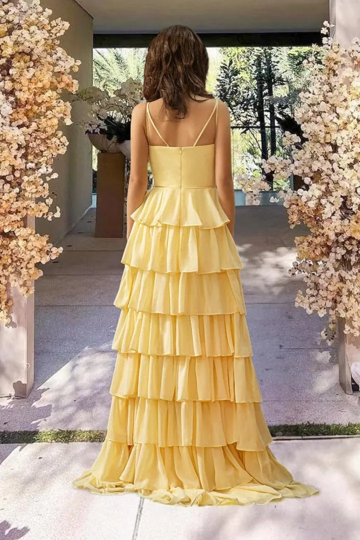 Tiered Chiffon Prom Dresses for Women 2025 Ruffle Corset Ball Gowns Spaghetti Straps Evening Party Dress