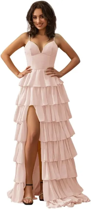 Tiered Chiffon Prom Dresses for Women 2025 Ruffle Corset Ball Gowns Spaghetti Straps Evening Party Dress