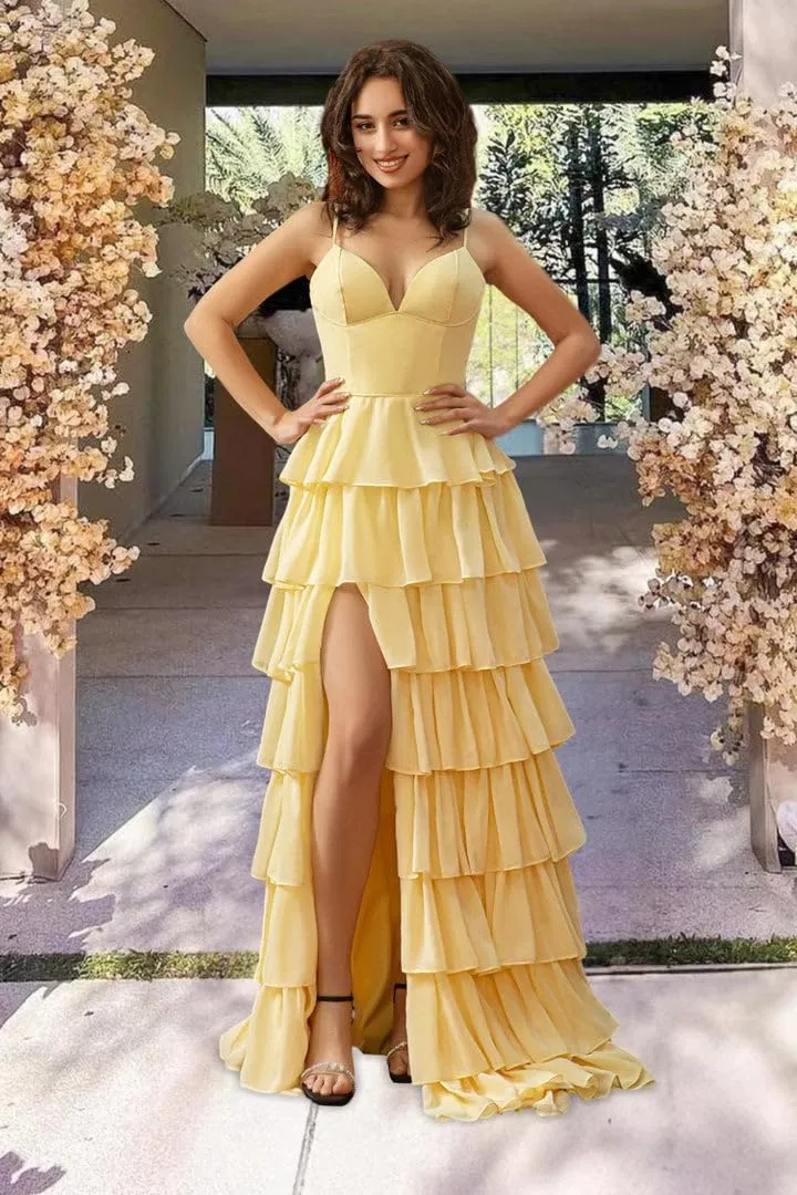 Tiered Chiffon Prom Dresses for Women 2025 Ruffle Corset Ball Gowns Spaghetti Straps Evening Party Dress