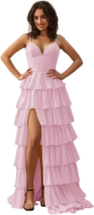 Tiered Chiffon Prom Dresses for Women 2025 Ruffle Corset Ball Gowns Spaghetti Straps Evening Party Dress