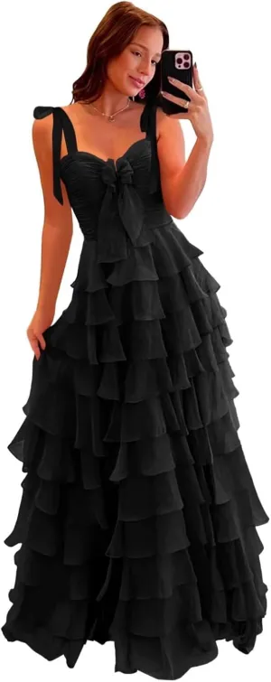 Tiered Prom Dresses for Women 2025 Long Spaghetti Straps Layered Ruffle Chiffon Formal Evening Gowns with Slit