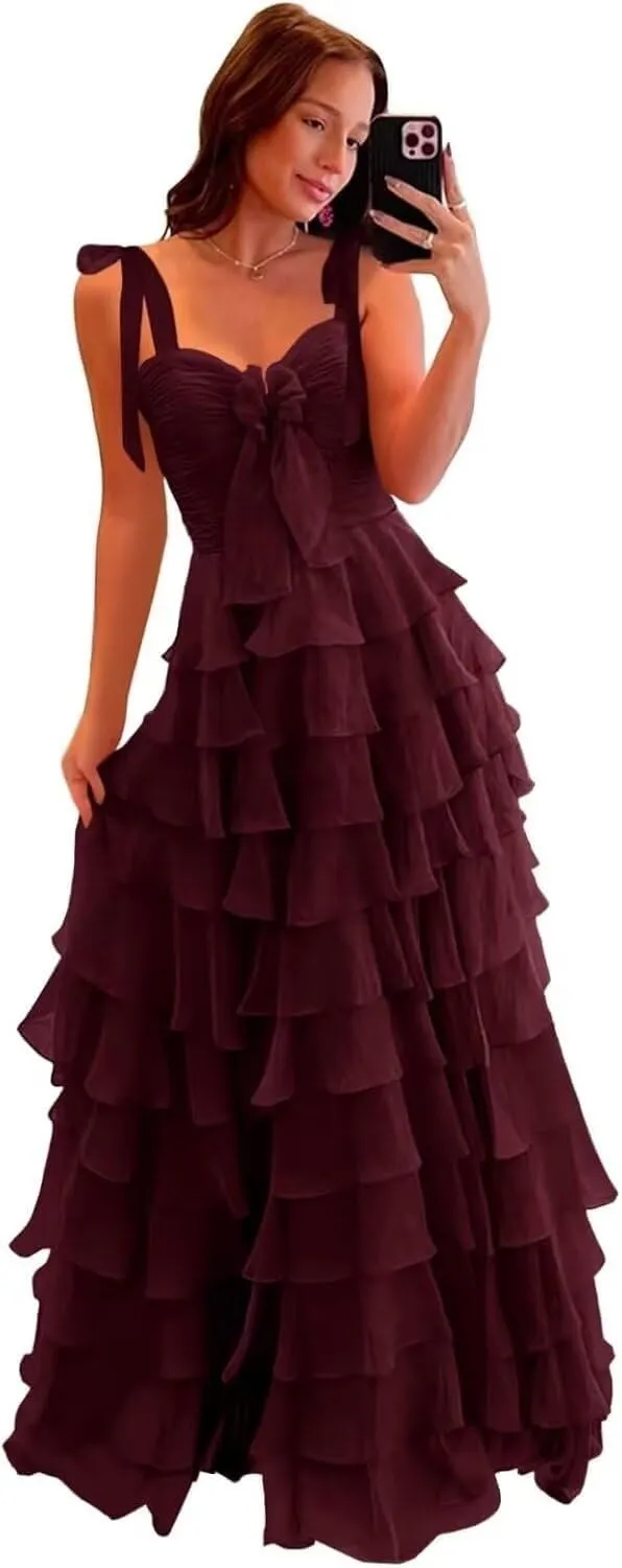 Tiered Prom Dresses for Women 2025 Sweetheart Ruffle Chiffon Party Dress for Teens Long Ball Gown with Slit