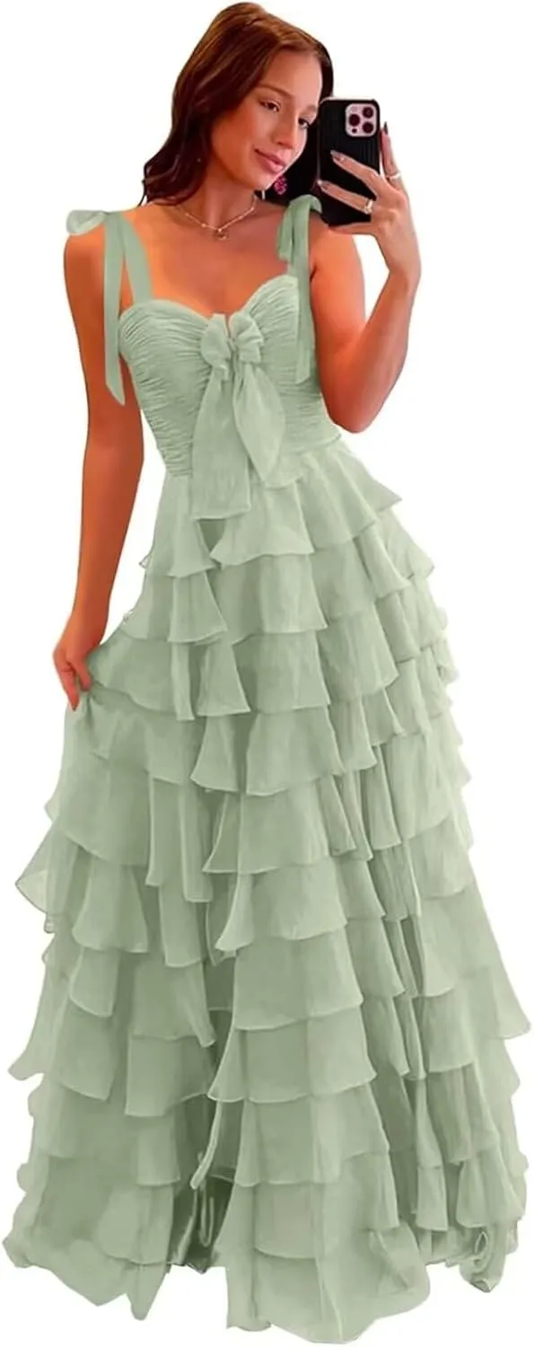 Tiered Prom Dresses with Bow 2025 Spaghetti Straps Long Layered Ruffle Chiffon Ball Gowns with Slit IMC066