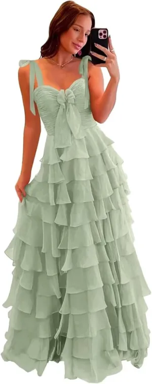 Tiered Prom Dresses with Bow 2025 Spaghetti Straps Long Layered Ruffle Chiffon Ball Gowns with Slit IMC066