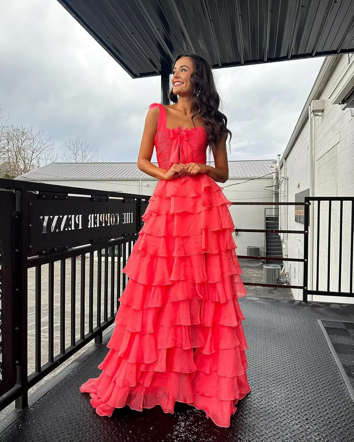 Tiered Prom Dresses with Bow 2025 Spaghetti Straps Long Layered Ruffle Chiffon Ball Gowns with Slit IMC066