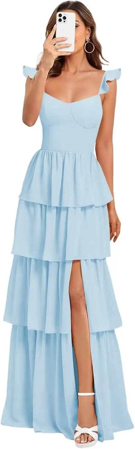 Tiered Ruffle Bridesmaid Dress 2025 Women Chiffon Long Layered Formal Wedding Guest Dress Slit
