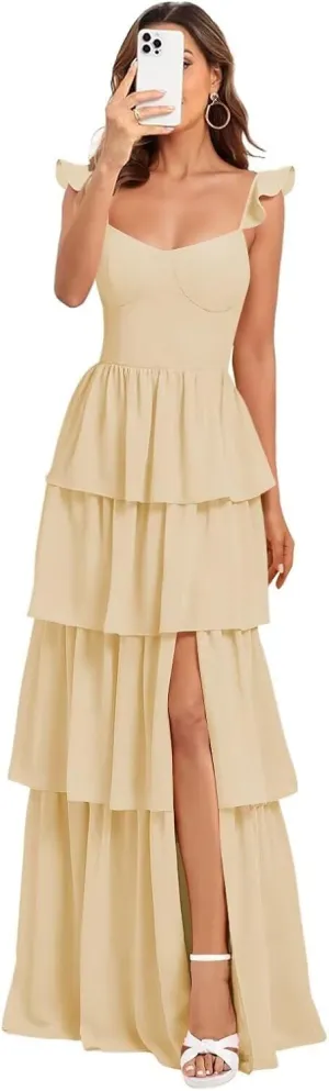 Tiered Ruffle Bridesmaid Dress 2025 Women Chiffon Long Layered Formal Wedding Guest Dress Slit