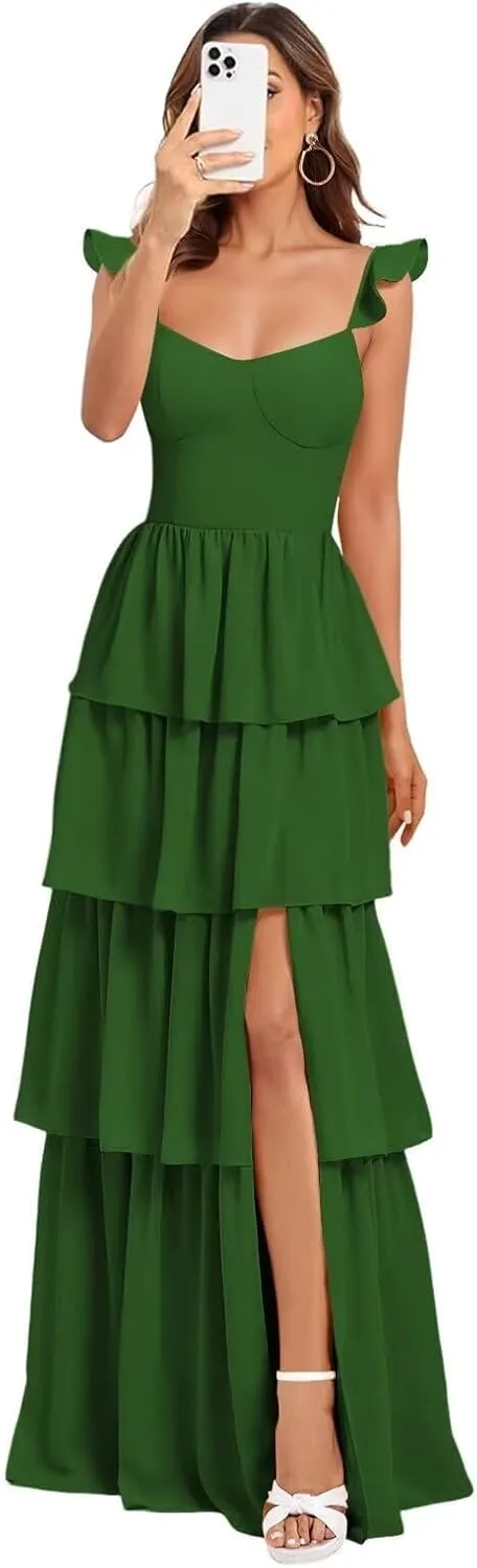 Tiered Ruffle Bridesmaid Dress 2025 Women Chiffon Long Layered Formal Wedding Guest Dress Slit