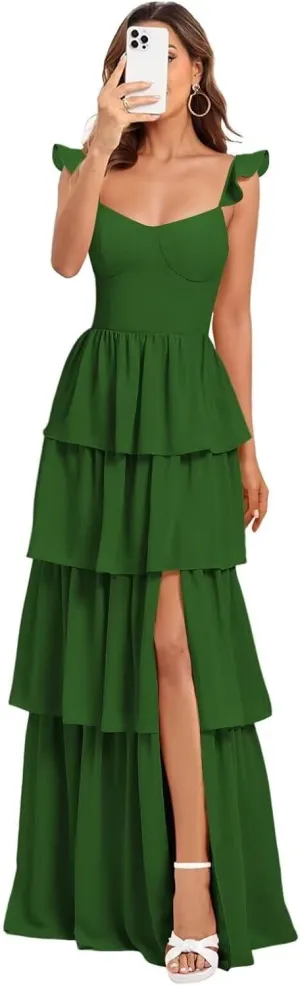 Tiered Ruffle Bridesmaid Dress 2025 Women Chiffon Long Layered Formal Wedding Guest Dress Slit