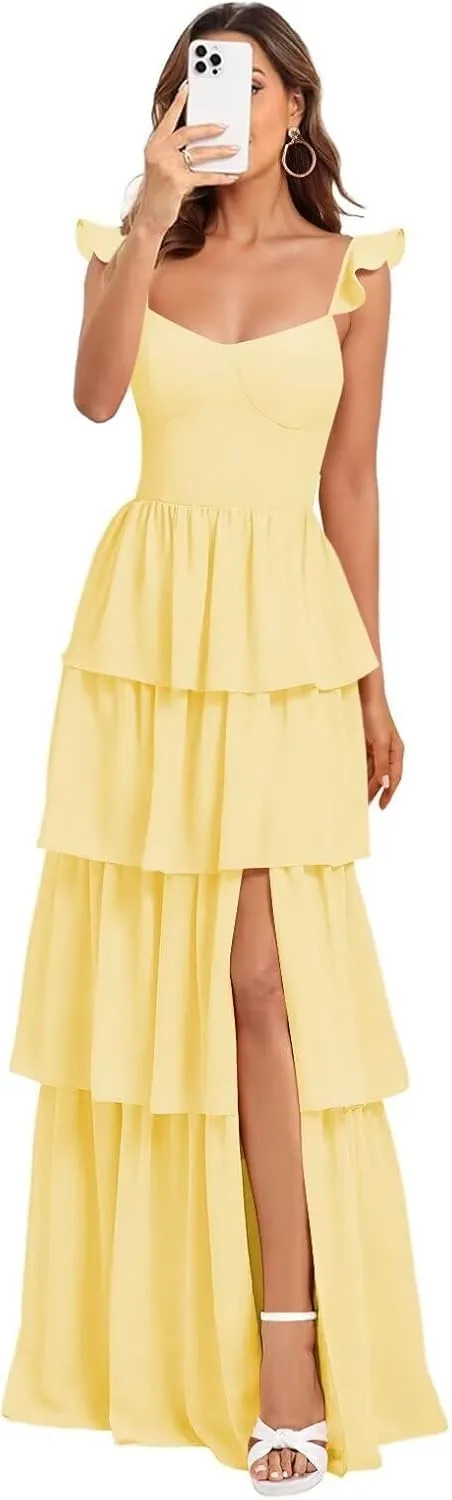 Tiered Ruffle Bridesmaid Dress 2025 Women Chiffon Long Layered Formal Wedding Guest Dress Slit