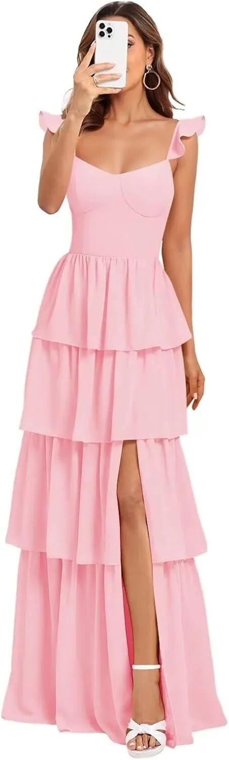 Tiered Ruffle Bridesmaid Dress 2025 Women Chiffon Long Layered Formal Wedding Guest Dress Slit