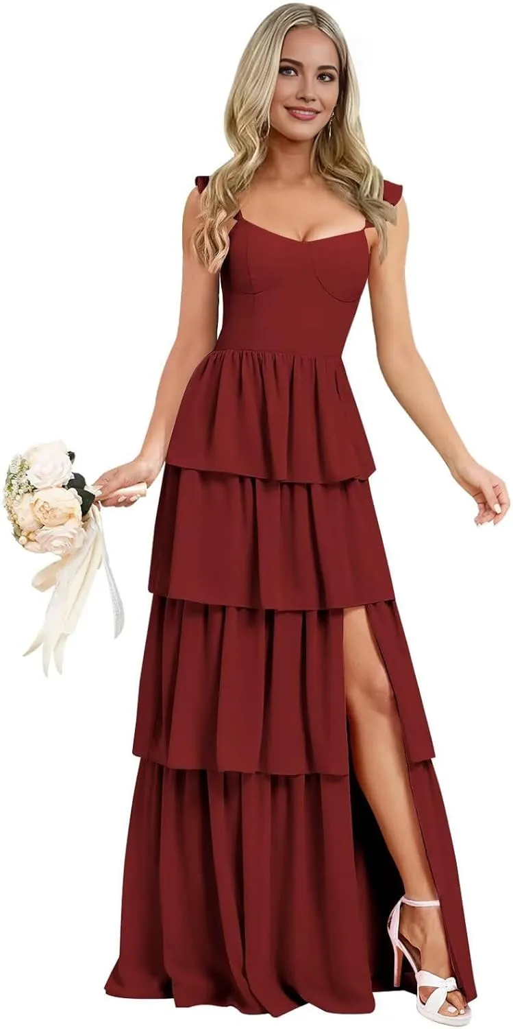 Tiered Ruffle Bridesmaid Dresses for Women 2025 Long Chiffon Wedding Guest Dress Formal Evening Gowns with Slit