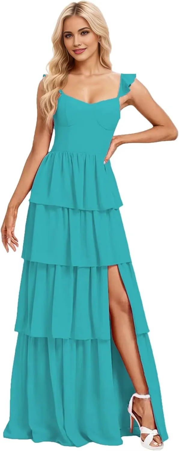 Tiered Ruffle Bridesmaid Dresses for Women 2025 Long Chiffon Wedding Guest Dress Formal Evening Gowns with Slit