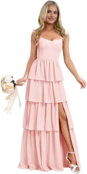 Tiered Ruffle Bridesmaid Dresses for Women 2025 Long Chiffon Wedding Guest Dress Formal Evening Gowns with Slit