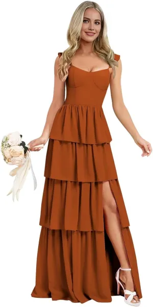 Tiered Ruffle Bridesmaid Dresses for Women 2025 Long Chiffon Wedding Guest Dress Formal Evening Gowns with Slit