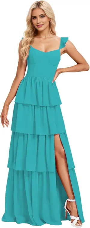Tiered Ruffle Bridesmaid Dresses for Women 2025 Long Chiffon Wedding Guest Dress Formal Evening Gowns with Slit