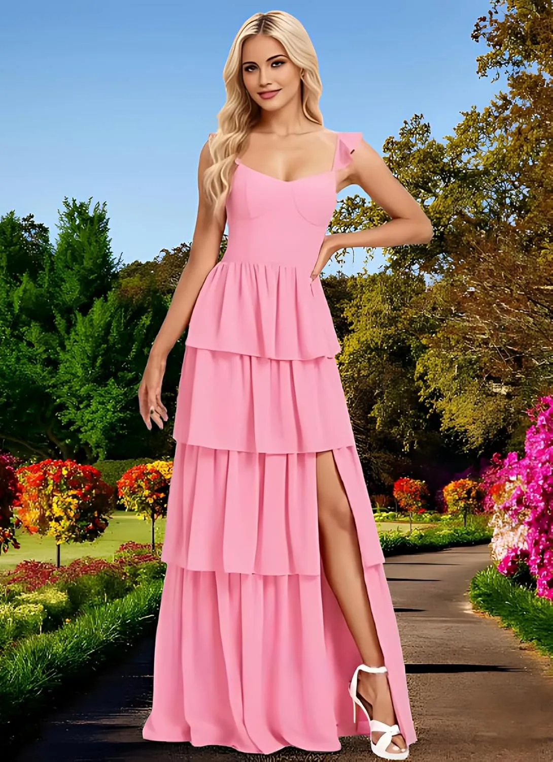 Tiered Ruffle Bridesmaid Dresses for Women 2025 Long Chiffon Wedding Guest Dress Formal Evening Gowns with Slit