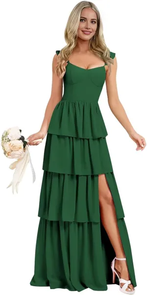 Tiered Ruffle Bridesmaid Dresses for Women 2025 Long Chiffon Wedding Guest Dress Formal Evening Gowns with Slit