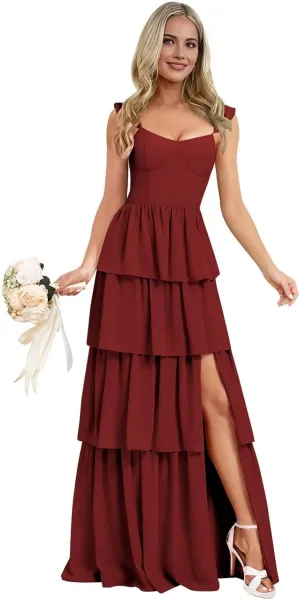 Tiered Ruffle Bridesmaid Dresses for Women 2025 Long Chiffon Wedding Guest Dress Formal Evening Gowns with Slit
