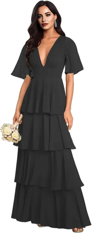 Tiered V Neck Bridesmaid Dresses for Women 2025 Chiffon Ruffle Short Sleeve Wedding Guest Formal Evening Dress
