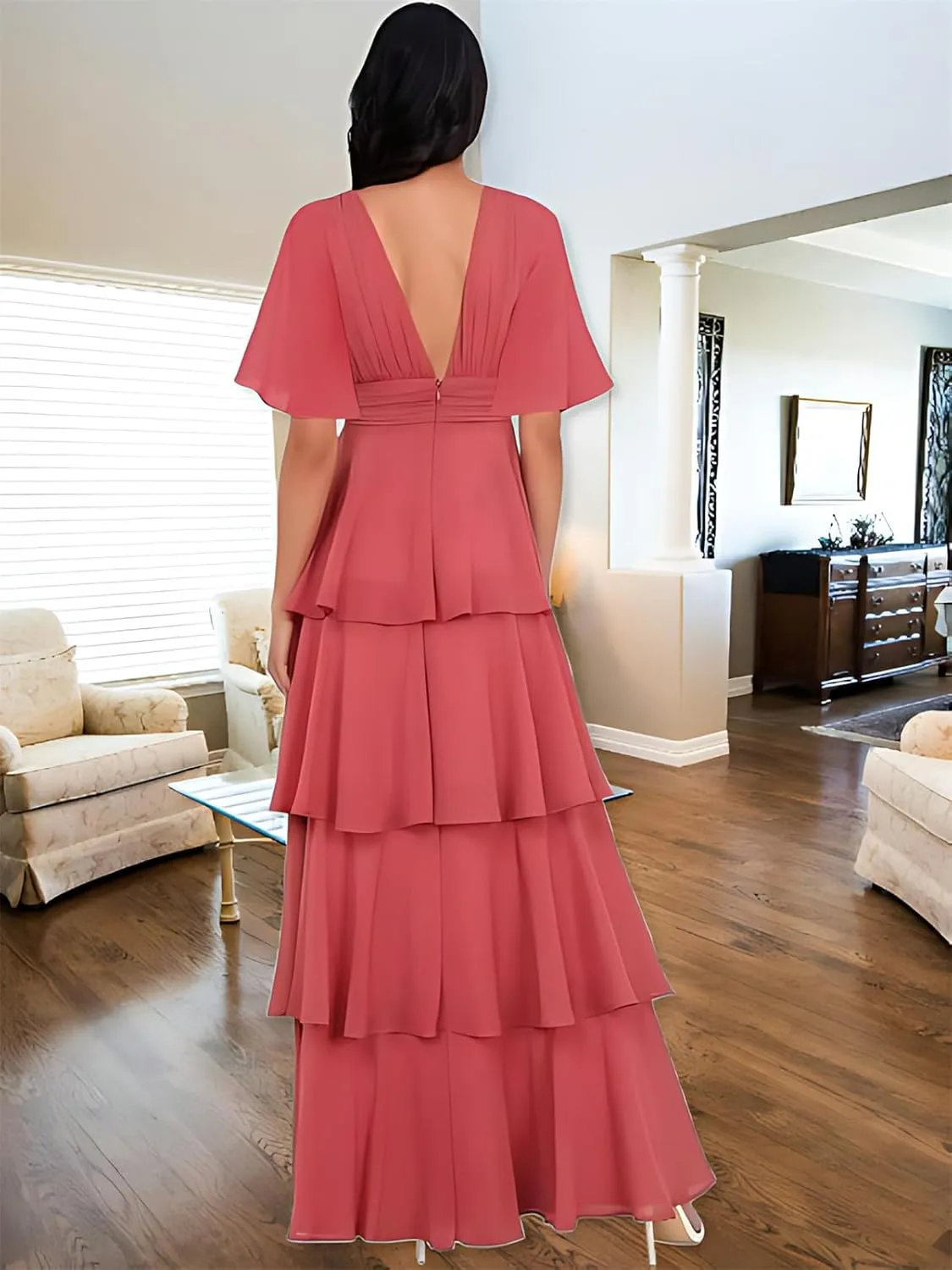 Tiered V Neck Bridesmaid Dresses for Women 2025 Chiffon Ruffle Short Sleeve Wedding Guest Formal Evening Dress