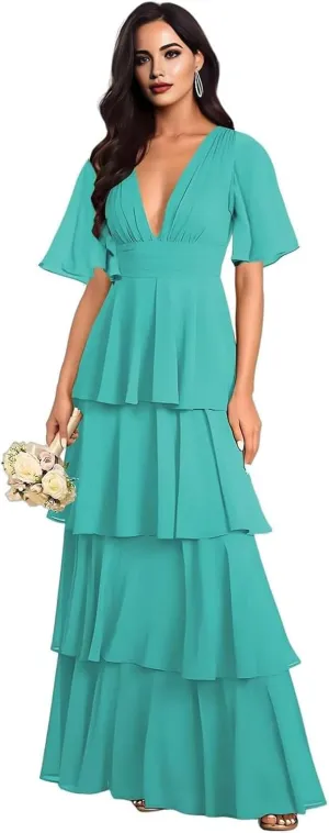 Tiered V Neck Bridesmaid Dresses for Women 2025 Chiffon Ruffle Short Sleeve Wedding Guest Formal Evening Dress