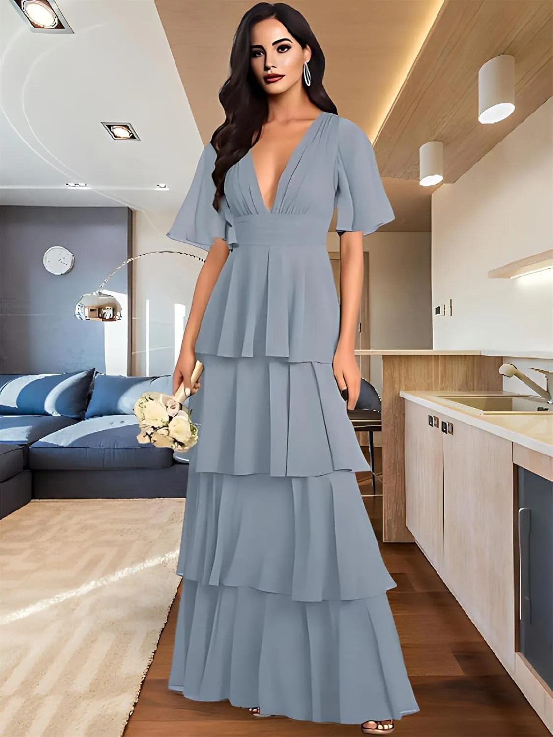 Tiered V Neck Bridesmaid Dresses for Women 2025 Chiffon Ruffle Short Sleeve Wedding Guest Formal Evening Dress