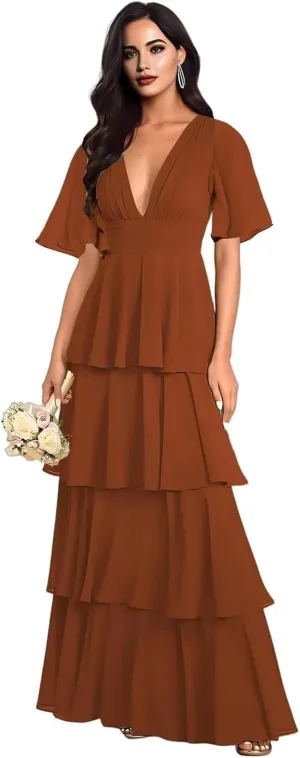 Tiered V Neck Bridesmaid Dresses for Women 2025 Chiffon Ruffle Short Sleeve Wedding Guest Formal Evening Dress