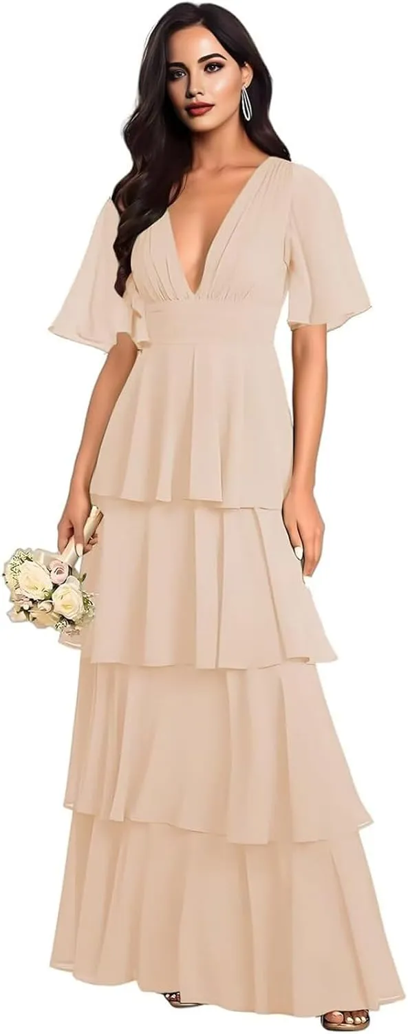 Tiered V Neck Bridesmaid Dresses for Women 2025 Chiffon Ruffle Short Sleeve Wedding Guest Formal Evening Dress
