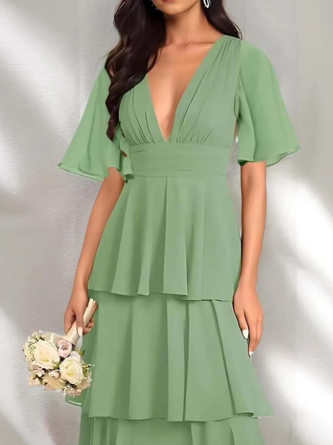 Tiered V Neck Bridesmaid Dresses for Women 2025 Chiffon Ruffle Short Sleeve Wedding Guest Formal Evening Dress