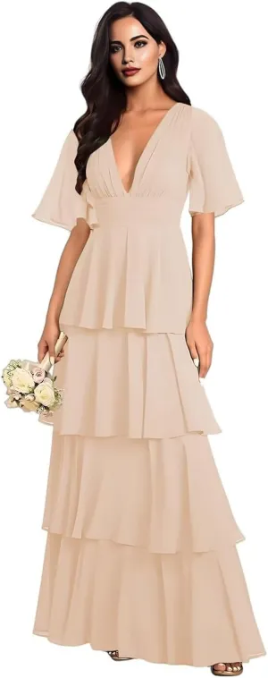 Tiered V Neck Bridesmaid Dresses for Women 2025 Chiffon Ruffle Short Sleeve Wedding Guest Formal Evening Dress