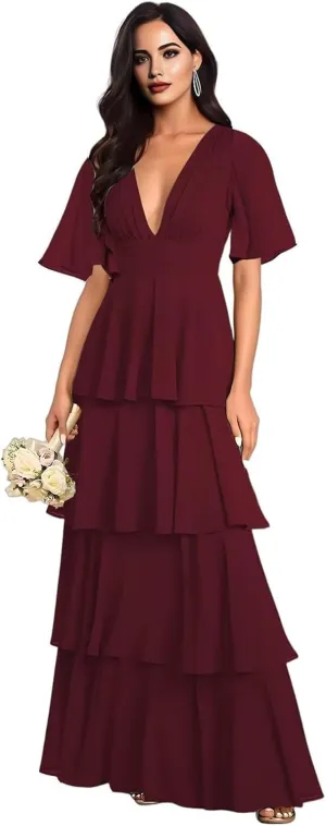Tiered V Neck Bridesmaid Dresses for Women 2025 Chiffon Ruffle Short Sleeve Wedding Guest Formal Evening Dress